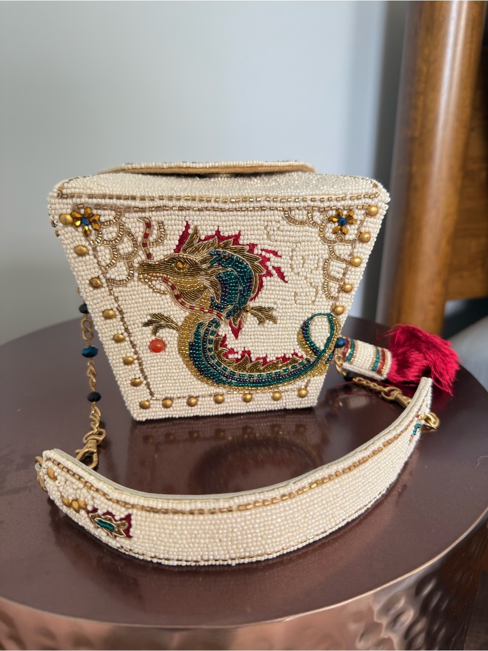 Mary Frances Fully Beaded Ivory Dragon Evening Clutch with Red Tassel NWOT